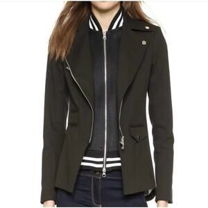 Veronica Beard Hadley Moto Black Jacket with Striped Varsity Dickey Size Small